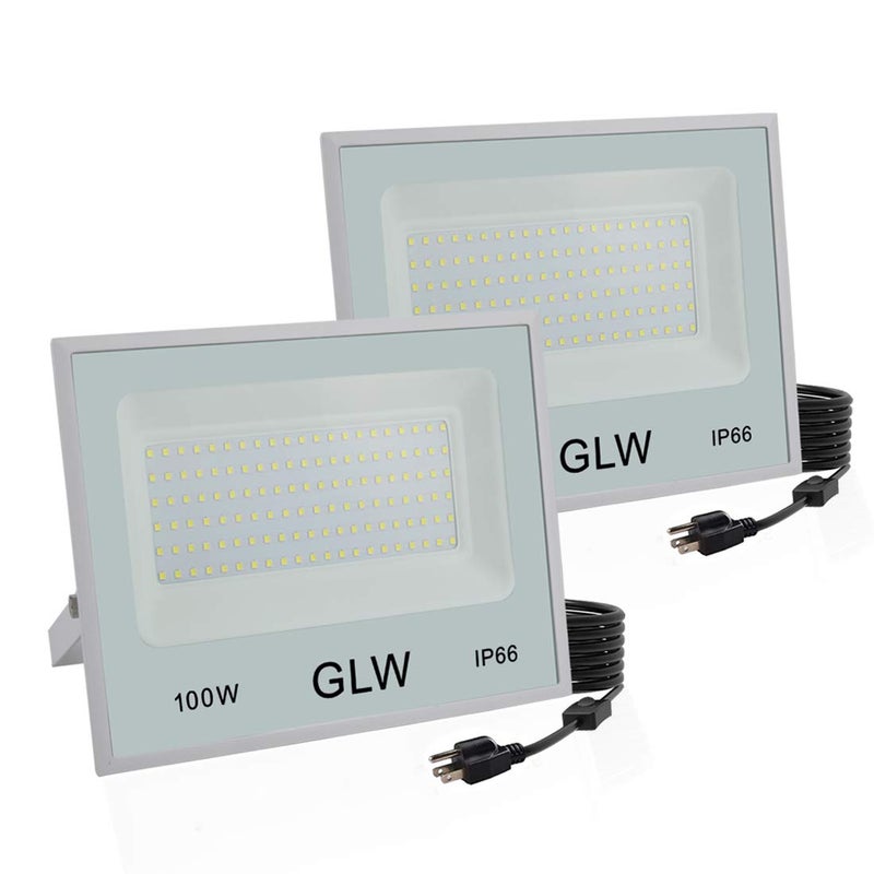 GLW مصابيح الفيض 100 واط LED في عبوة 2، 10000 لومن ضوء عمل فائق السطوع، 6000 كيلفن ضوء النهار الأبيض مع قابس، مصابيح أمان خارجية مقاومة للماء IP66 للملعب، المرآب، الفناء، الحديقة الخلفية - Image 1